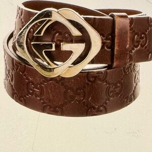 Gucci Embossed Brown Belt with Gold-Tone Buckle